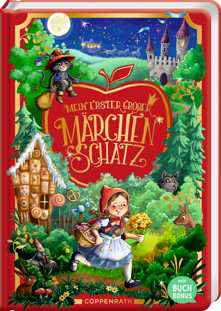 Märchenbuchcover mit dem Titel "Mein erster großer Märchenschatz" Rotkäppchen, der gestiefelte Kater, ein Lebkuchenhaus und ein Schloss in leuchtenden Farben, darauf abgebildet.