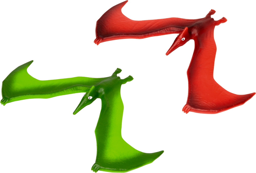 Roter und grüner Spielzeug-Flugsaurier.