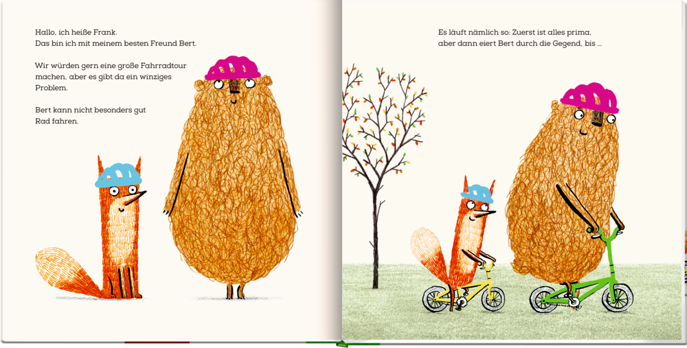 Ein Fuchs und ein Bär mit Helmen fahren gemeinsam mit dem Fahrrad durch einen bunt illustrierten Park, auf einer Doppelseite mit Text.