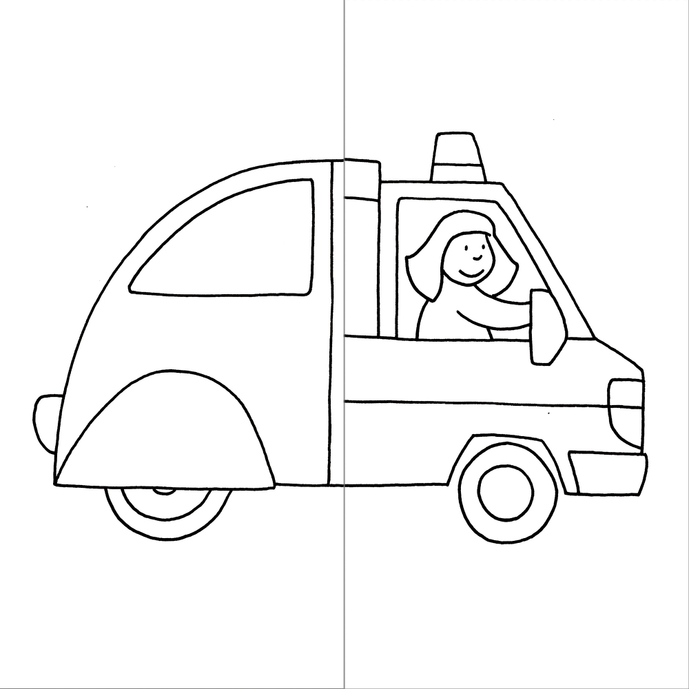 Zeichnung ist ein Mix aus Krankenwagen vorne und rundem Auto hinten.