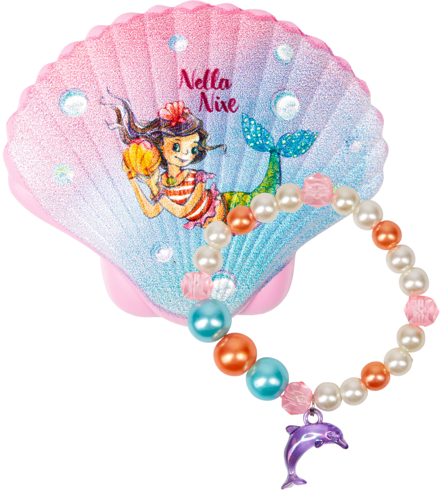 Rosa Muschelgehäuse mit Meerjungfrauen-Illustration neben einem Perlenarmband mit einem lila Delfin-Anhänger.