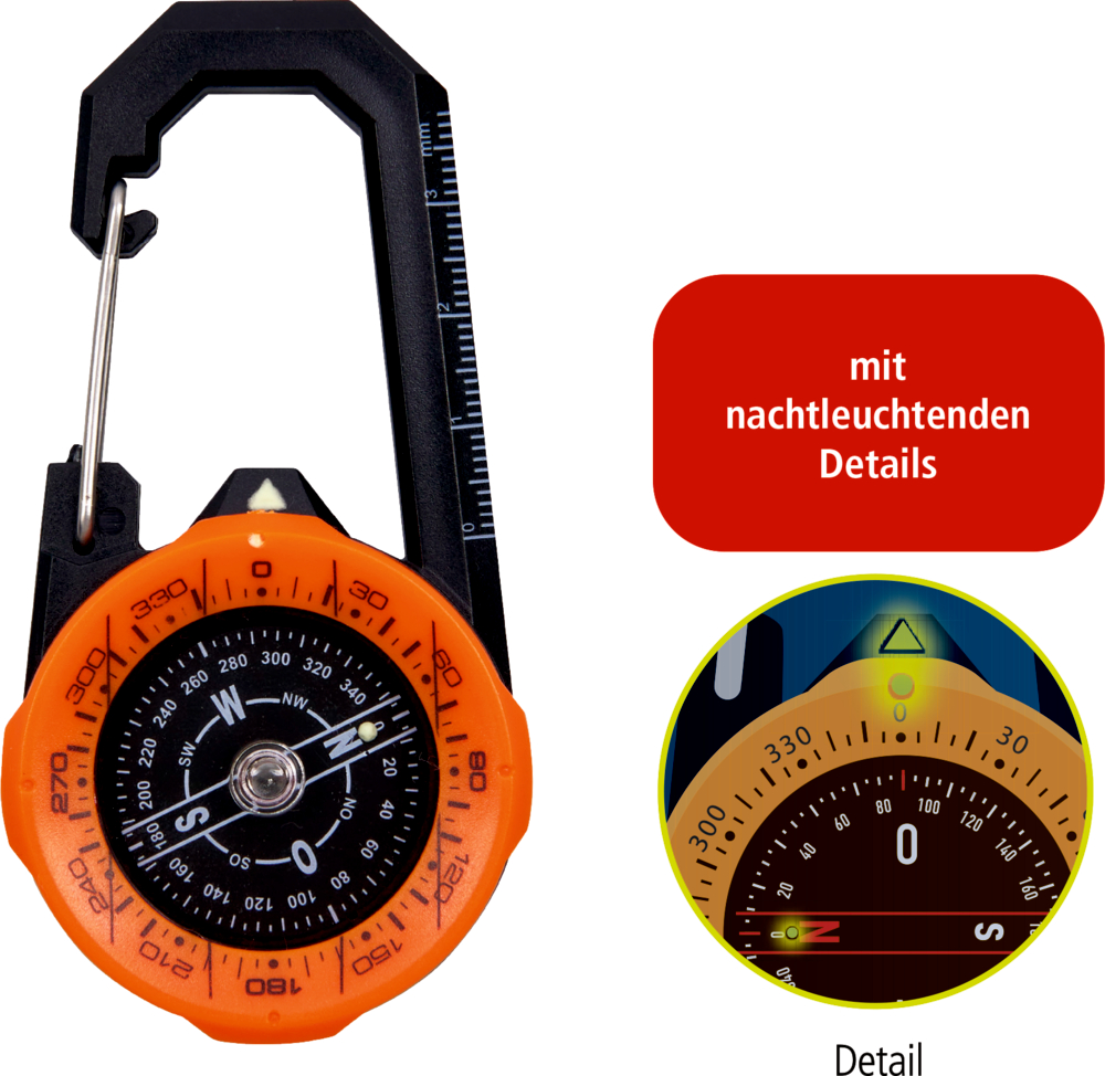 Runder Kompass mit orangefarbener Umrandung, schwarzer Nadel und Karabinerhaken, mit nachtleuchtenden Markierungen.