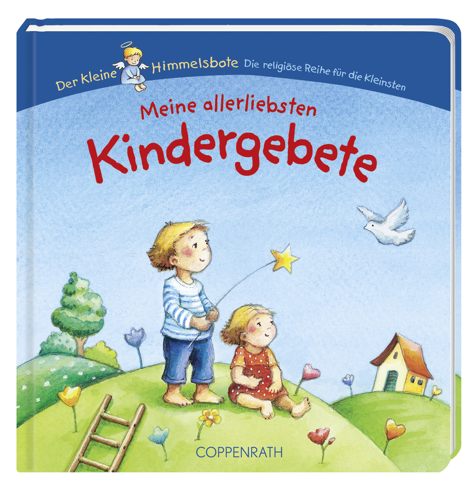 Zwei Kinder auf der Wiese mit einer Taube und einem Haus; Einband eines Kindergebetbuchs.