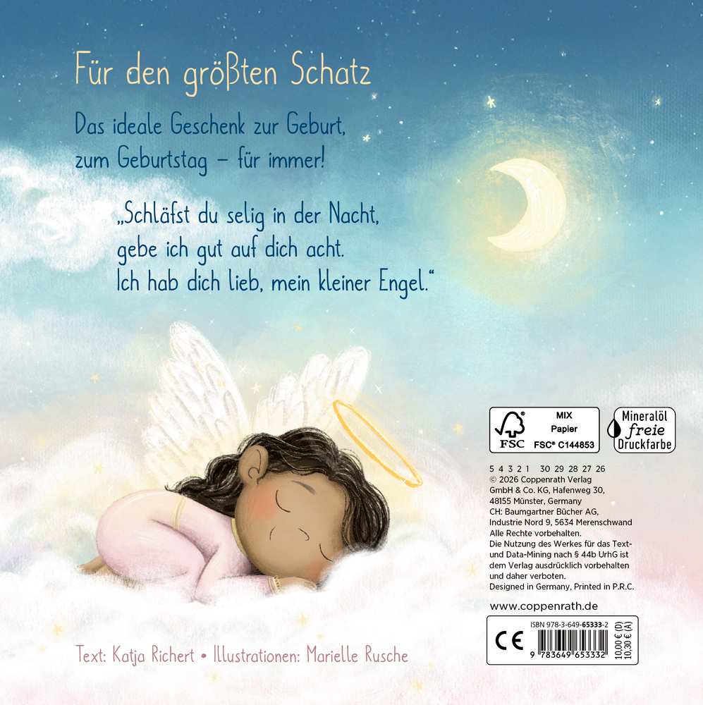 Schlafender Engel mit dunklem Haar und Heiligenschein liegt in rosa Kleidung auf Wolken unter Mond und Sternenhimmel.