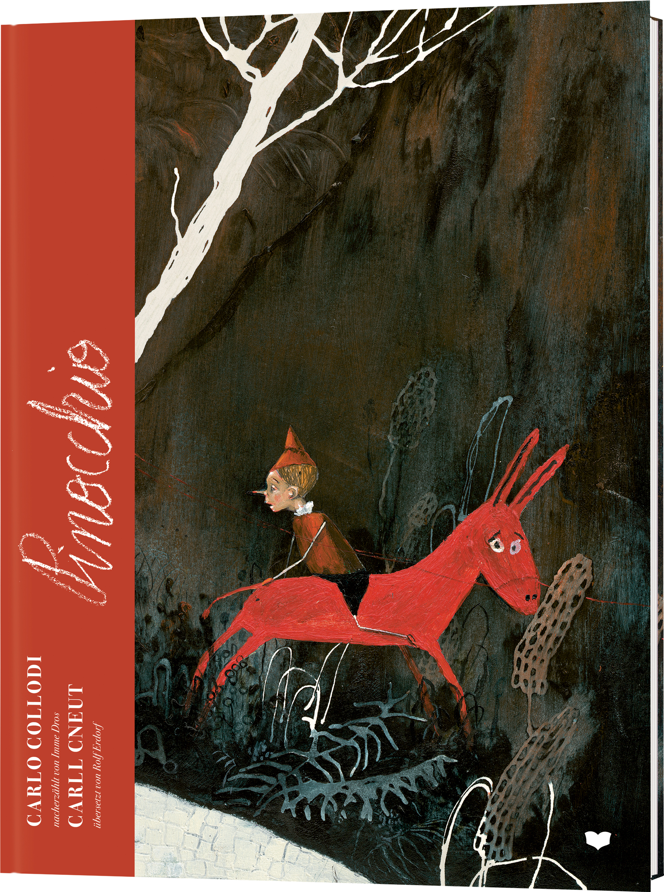 Pinocchio reitet auf einem roten Esel durch eine dunkle, felsige Landschaft; Buchcover-Illustration.
