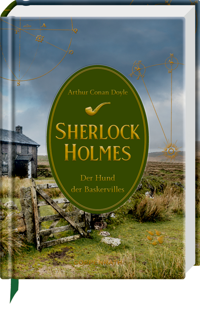 Cover von Sherlock Holmes: Der Hund der Baskervilles – darauf zusehen eine Moorlandschaft mit einem alten Steinhaus auf dem Buchcover.
