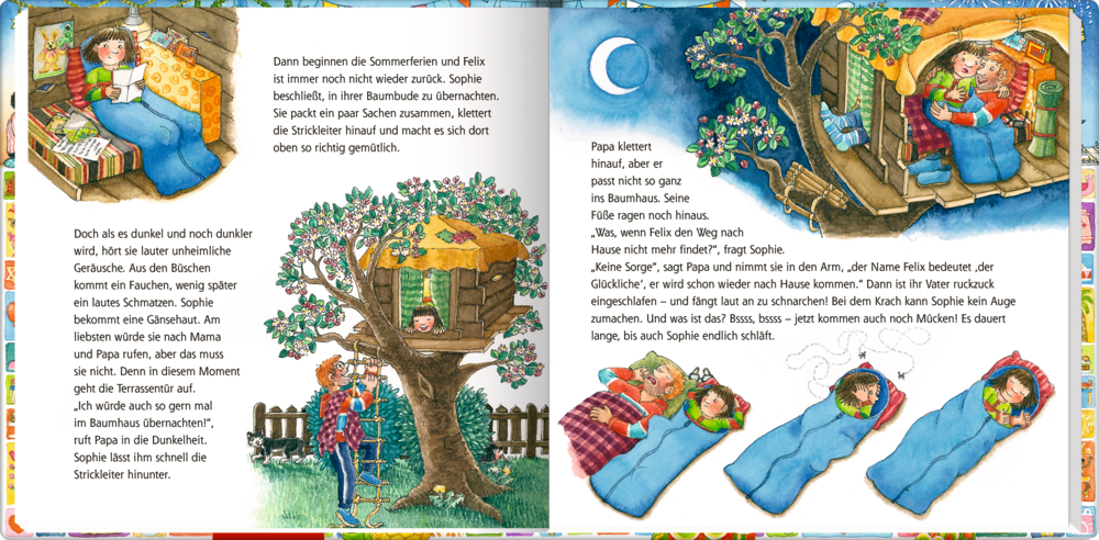 Kinder spielen draußen im Schnee, andere feiern drinnen. In allen Szenen ist Text zu sehen.