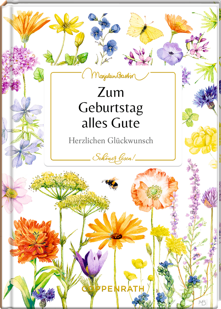 Farbenfrohes Cover mit Blumenmotiv und Titel "Zum Geburtstag alles Gute".