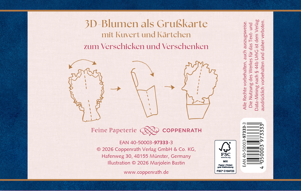 Rückseite einer Grußkarte mit Faltanleitung für eine 3D-Blumenkarte und Herstellerangaben des Coppenrath Verlags.