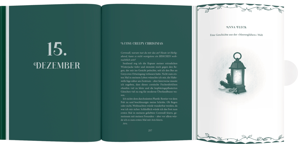 Geöffnetes Buch mit grünem Seitenlayout, Text zum 15.?Dezember und Illustration einer Laterne mit Zweigen.