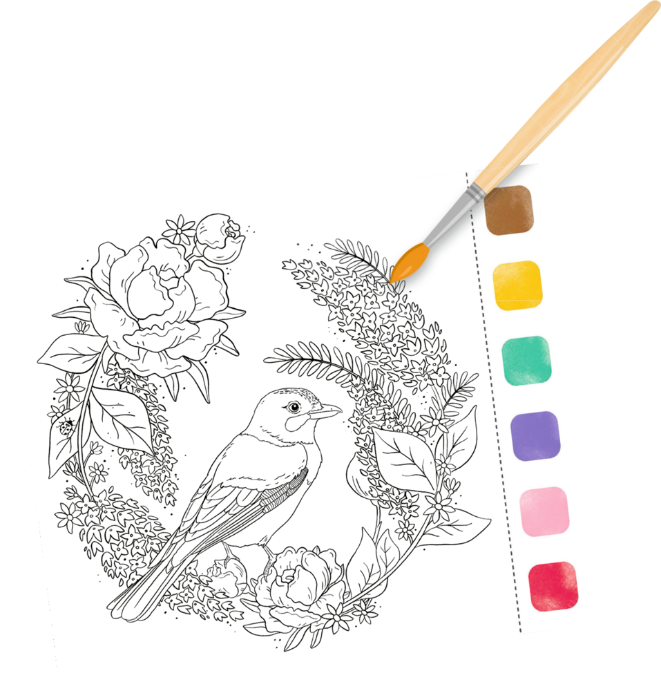 Schwarz-weißer Vogel mit Blumen, daneben ein Pinsel und sechs farbige Farbfelder.