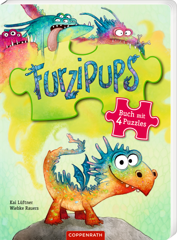 Comic-Drache mit großen Augen und der bunt gestaltete Titel "Furzipups".