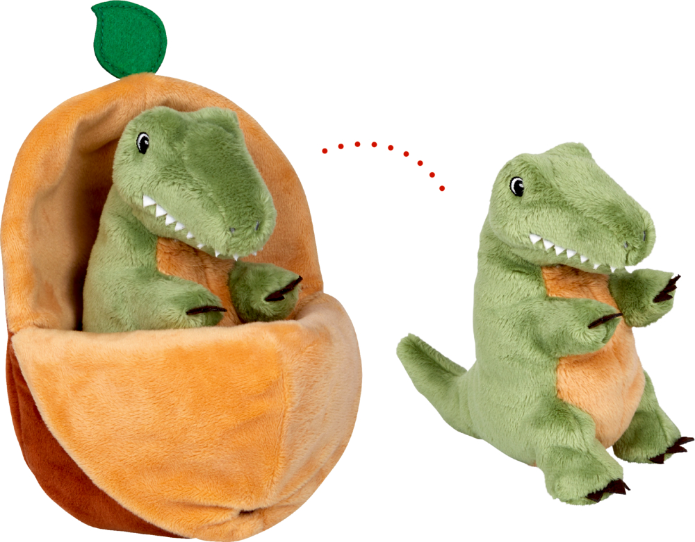 Grüner Plüsch-Dinosaurier mit orangefarbener Hülle, die aufklappbar ist.