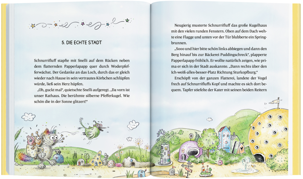 Eine erschrockene graue Katze schwebt zwischen Sternen und funkelt neben einer offenen, illustrierten Buchseite mit Text.