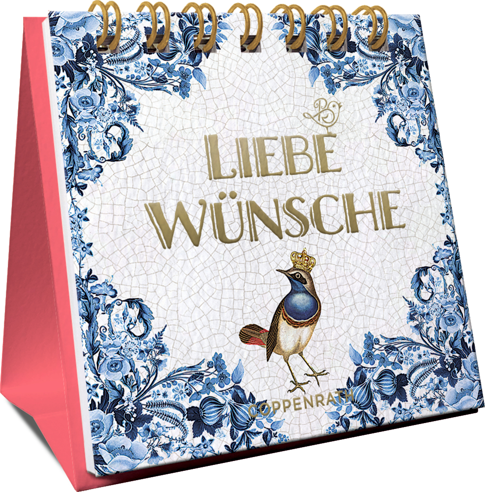 Spiralaufsteller in einer seitlichen Perspektive mit blauem Blumenmuster, gekröntem Vogel und „Liebe Wünsche“ auf dem Cover.