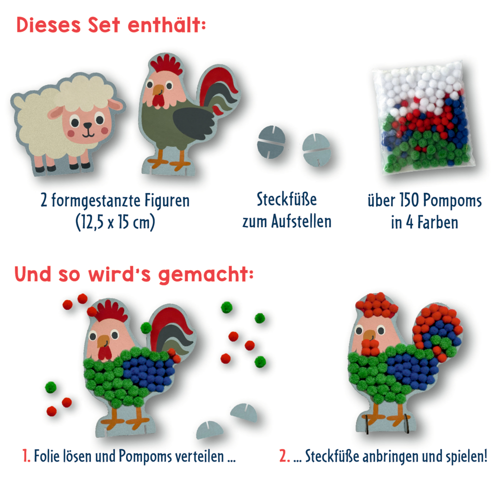 Bastelset mit Schaf- und Hahnfigur, Steckfüßen und bunten Pompons, zeigt Schritte zum Bekleben und Aufstellen der Figuren.