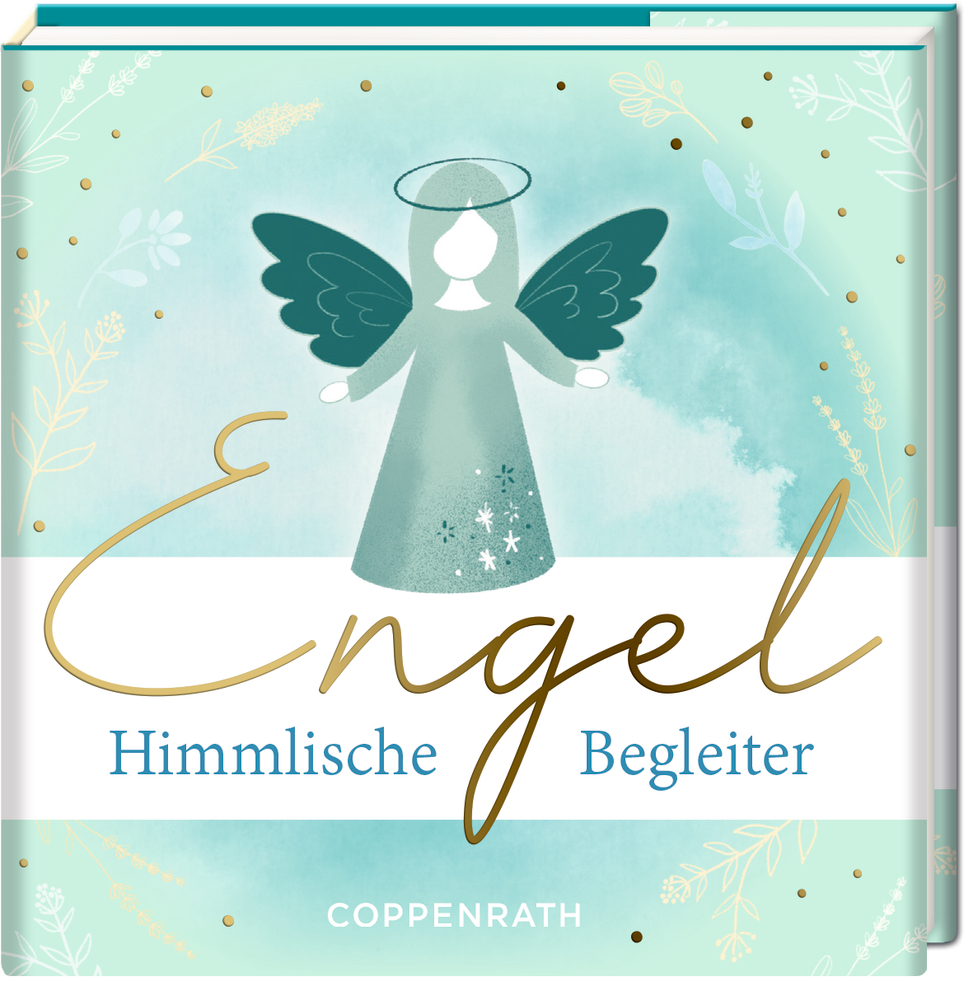 Quadratisches Buch mit grün-blauer Engelsillustration und der Aufschrift „Engel Himmlische Begleiter“.