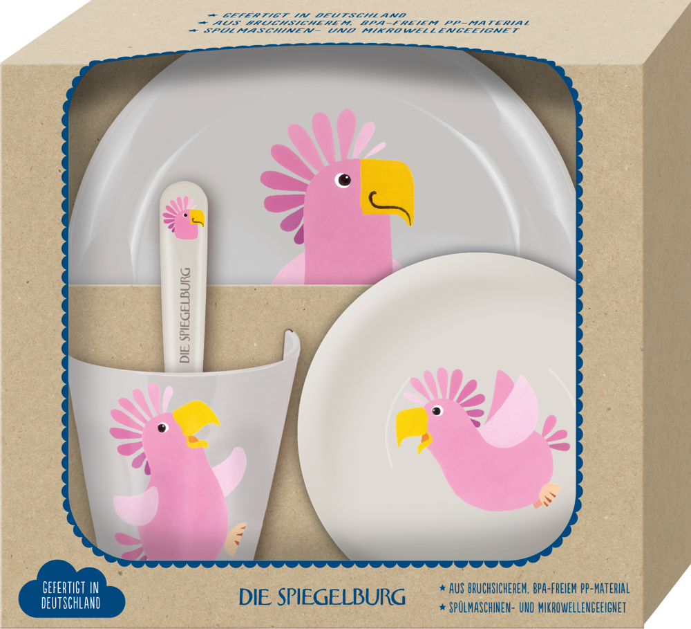 Kindergeschirrset mit rosa Cartoon-Kakadu und gelbem Schnabel. Enthält Teller, Becher, Schüssel und Löffel.