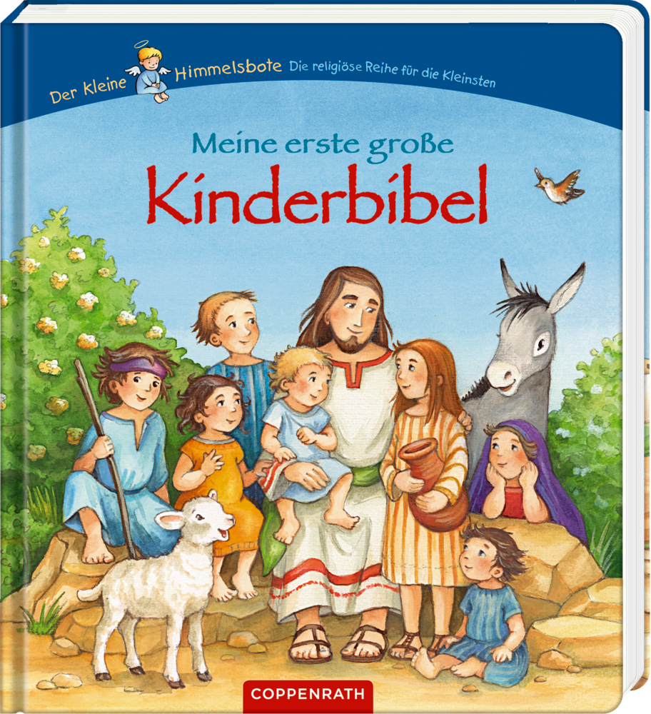 Jesus sitzt mit lächelnden Kindern, einem Esel und einem Vogel auf dem Einband der Kinderbibel.