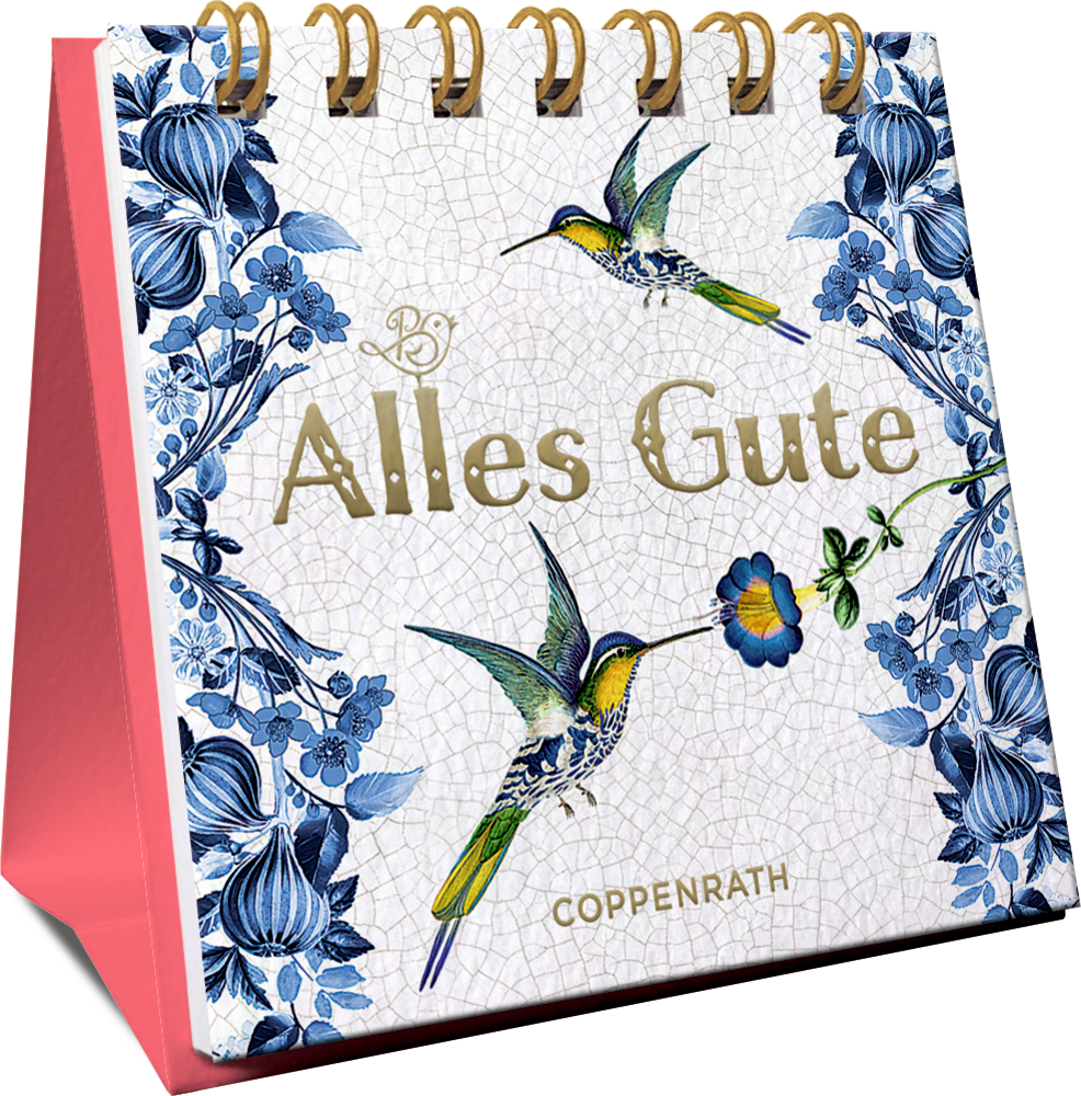 Spiralaufsteller in der seitlicen Ansicht mit „Alles Gute“, blauen Blumen und zwei bunten Kolibris auf dem Cover.