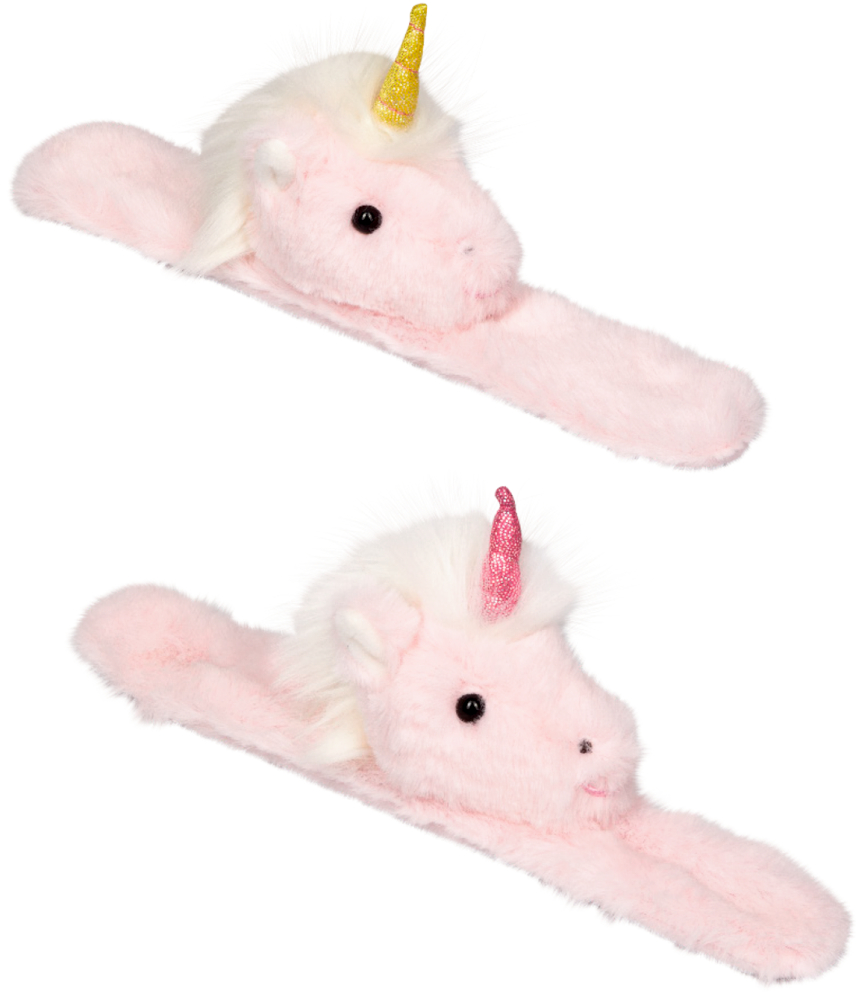 Zwei rosa Plüsch-Einhorn-Schlagarmbänder mit glitzernden Hörnern – eines golden, eines rosa.