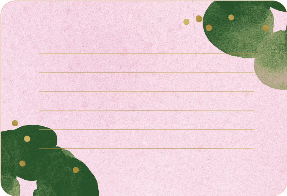 Rechteckige Karte mit rosa Hintergrund, goldenen Linien und grünen Flächen mit Punkten in den Ecken.