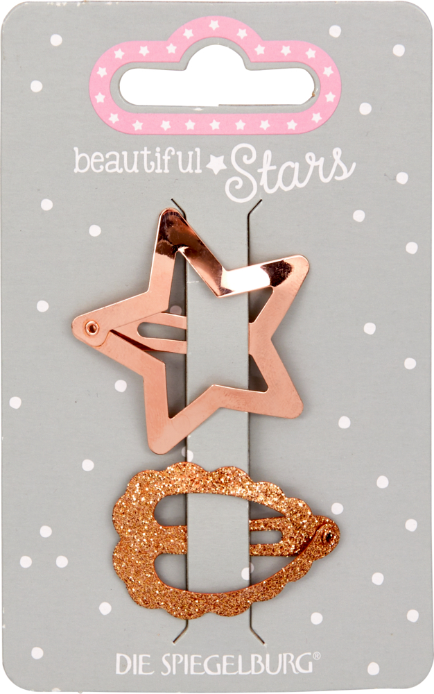 Zwei metallische Haarclips auf Verpackung: ein Stern in Roségold, ein Herz in glitzerndem Gold.