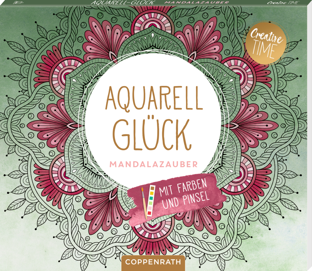 Farbenfrohes Mandala-Design mit dem Schriftzug „Aquarell Glück Mandalazauber“ und Malutensilien auf der Vorderseite.