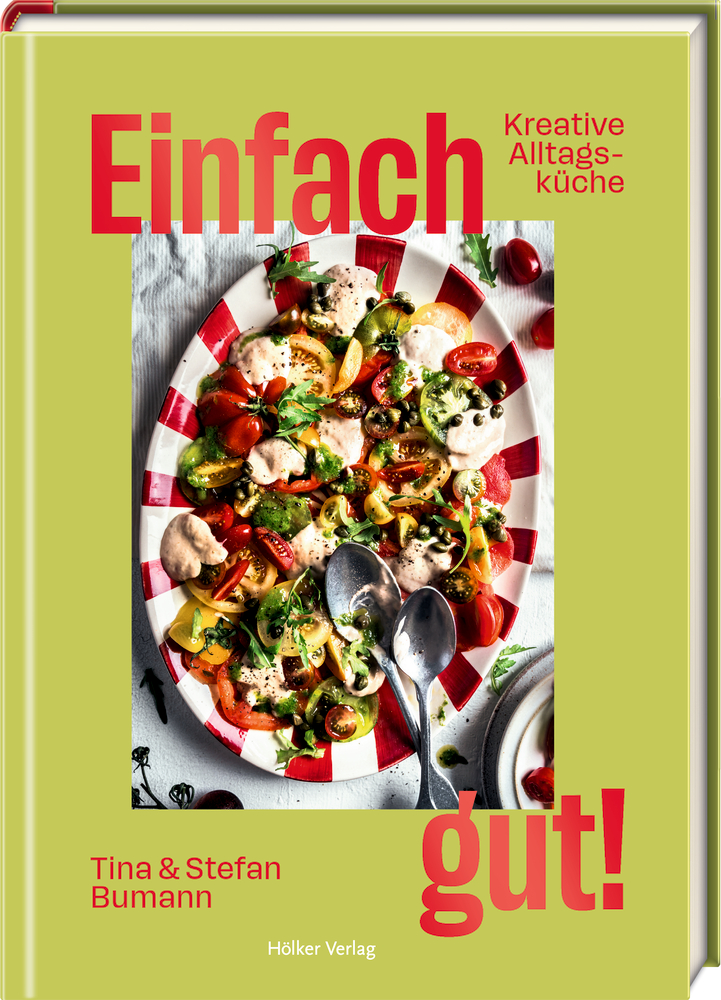 Bunter Gemüsesalat auf dem Cover eines Kochbuchs mit dem Titel „Einfach gut!“ vor grünem Hintergrund.