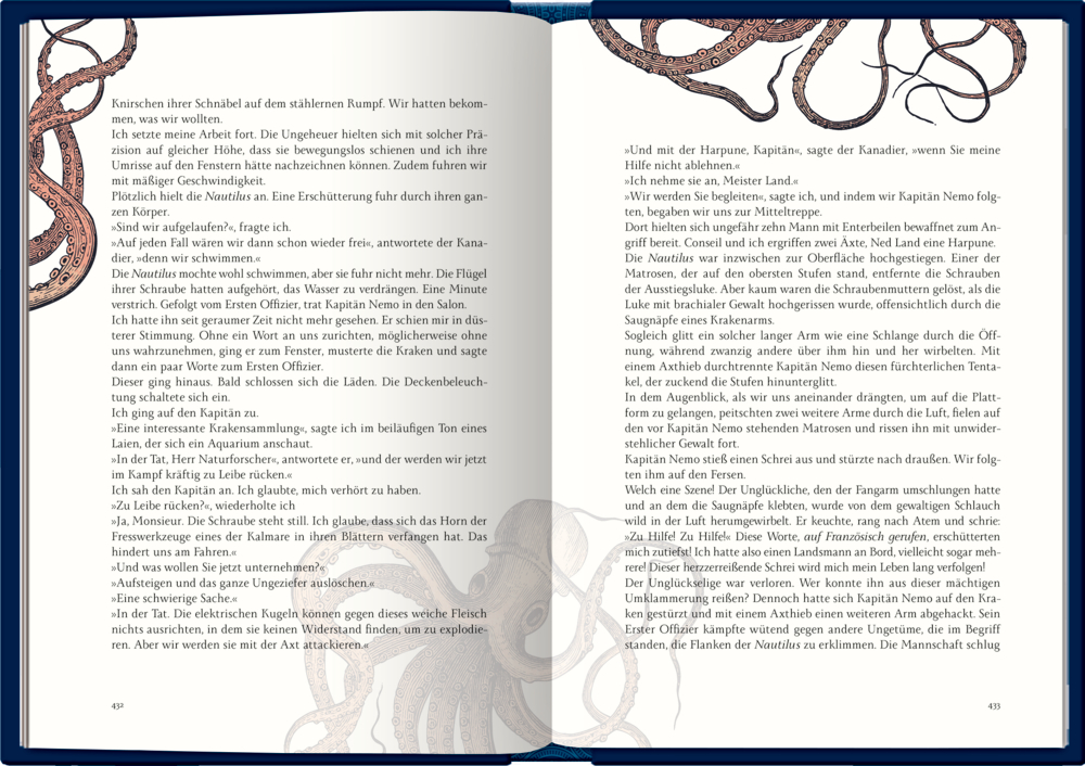 Offenes Buch mit Text und Tintenfischtentakel-Illustrationen in den oberen und unteren Ecken.
