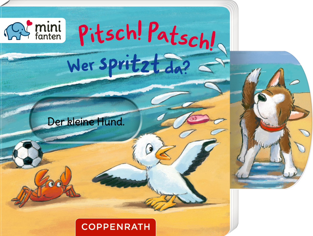 Hund schüttelt Wasser an einem Strand ab, im Hintergrund sind eine Krabbe, ein Vogel, ein Fußball und Wellen zu sehen, auf dem Cover von "Pitsch! Patsch! Wer spritzt da?"