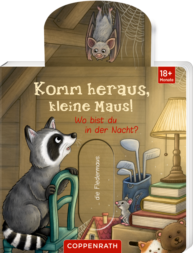 Braunes Buchcover mit Illustration eines Waschbären auf einem Dachboden. Auf einem herausgezogenen Schieber wird eine Fledermaus sichtbar.