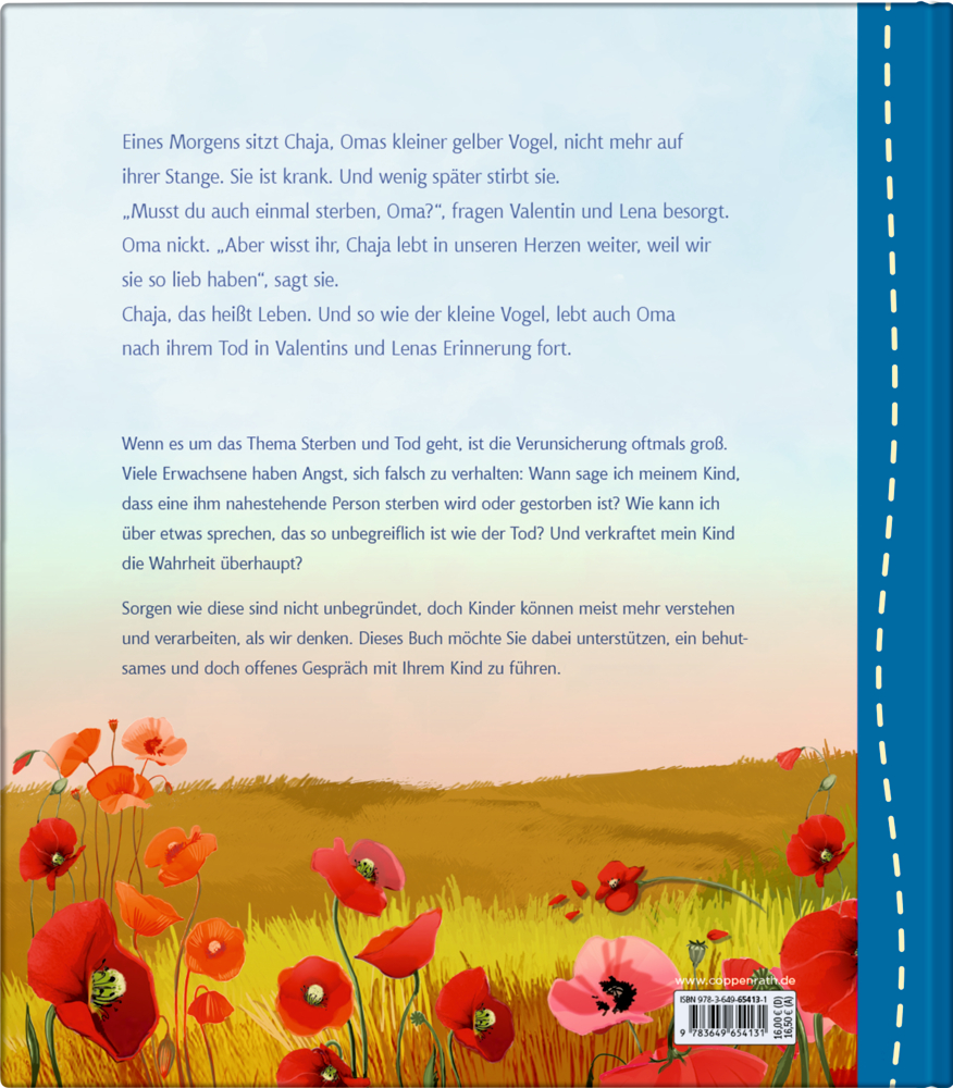 Buchrückseite mit Text und einer illustrierten Landschaft mit Klatschmohn.