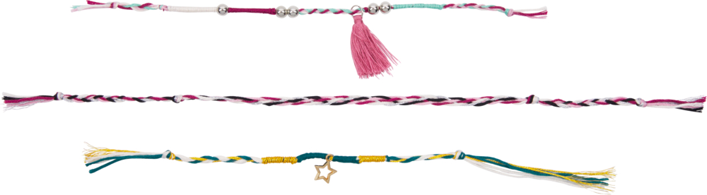 Drei Armbänder in Pink-, Weiß-, Schwarz- und Türkistönen, eines mit Quaste, eines mit Sternanhänger.