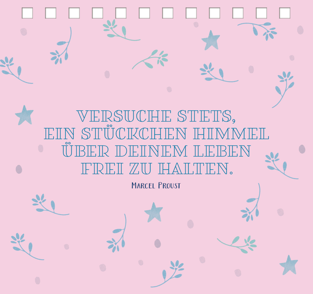 Rosa Karte mit blauem Schriftzug und kleinen blauen Sternen sowie Zweigen als Muster.