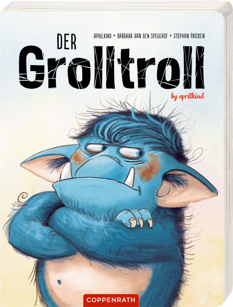 Blauer Troll mit verschränkten Armen und mürrischem Gesicht auf dem Cover von „Der Grolltroll“.