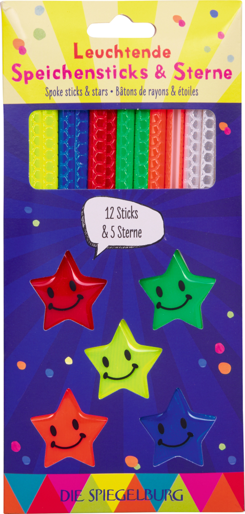Packung mit farbigen Speichensticks und fünf sternförmigen Steckelementen mit Smileygesicht in Rot, Grün, Gelb, Orange und Blau.