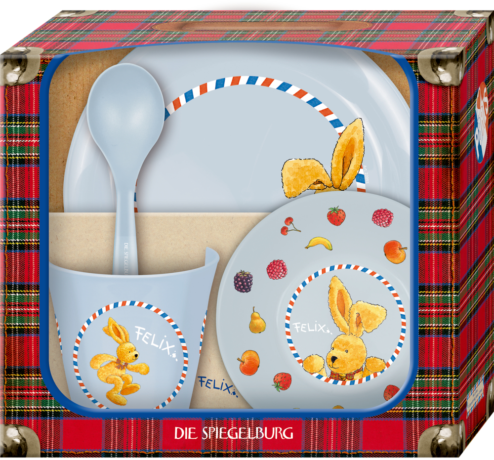 Hellblaues Kindergeschirrset mit Hasen- und Obstmotiv in rot karierter Geschenkbox.