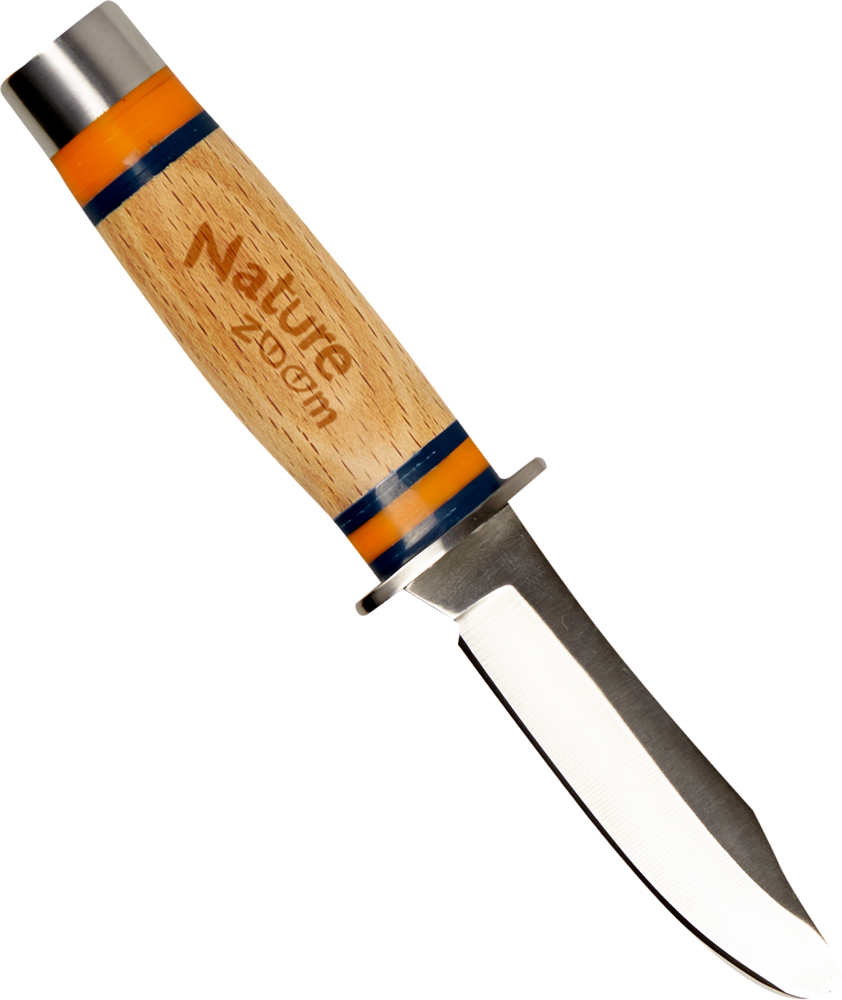 Nature Zoom Messer mit fester Klinge und Holzgriff, orangefarbenen und blauen Bändern in der Nähe des Schutzes.