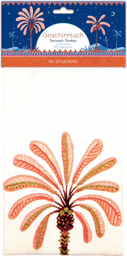 Cremefarbendes Geschirrtuch mit orange-rosa Palme mit aufgestickten goldfarbenen Akzenten. Verpackung mit Palmenmotiv oben sichtbar.