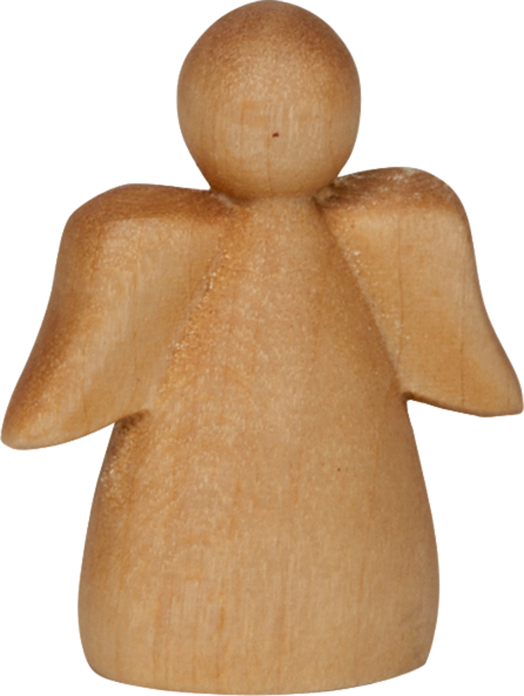 Eine kleine Holzfigur in Form eines Engels mit ausgebreiteten Flügeln.