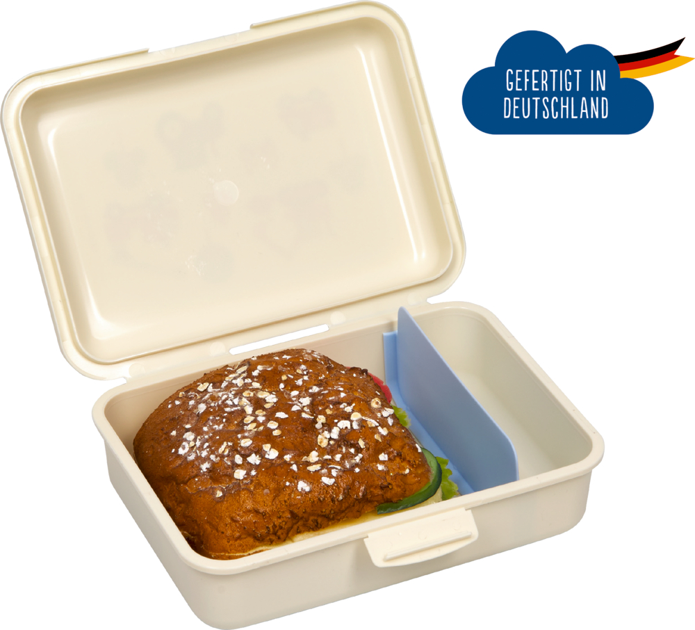 Beige Brotdose mit offenem Deckel, innen ein belegtes Brötchen und eine blaue Trennwand, daneben Symbol „Gefertigt in Deutschland“.