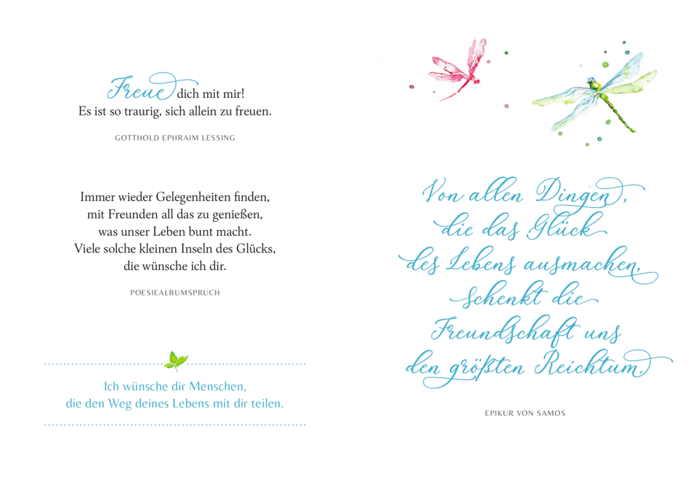 Zwei Seiten mit Freundschaftszitaten mit bunten Libellen und dekorativen Schriftzügen im handschriftlichen Stil.