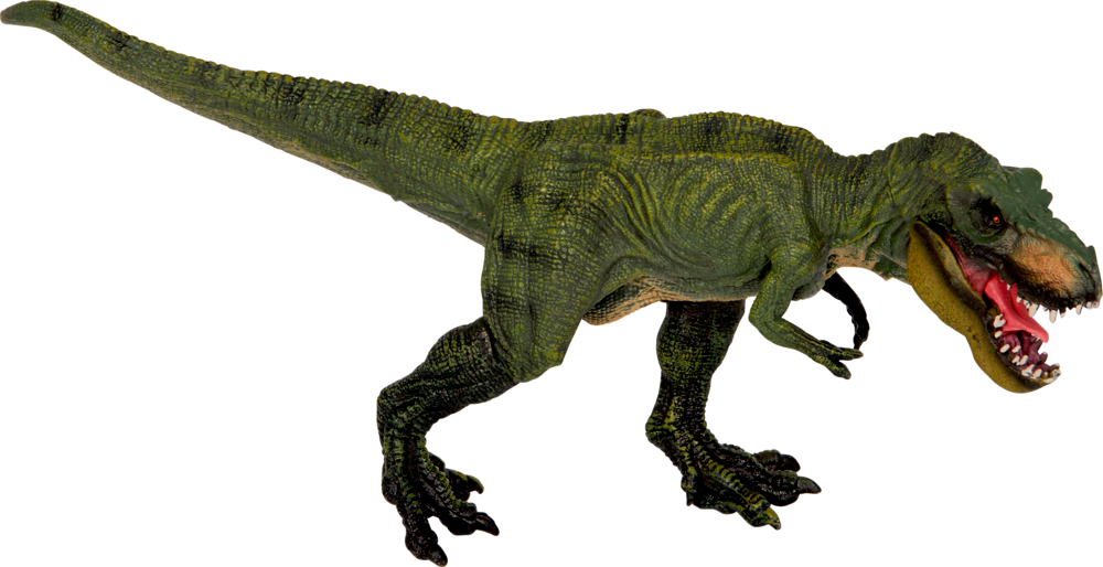Grüne T. Rex-Spielzeugfigur mit offenem Maul und sichtbaren Zähnen.