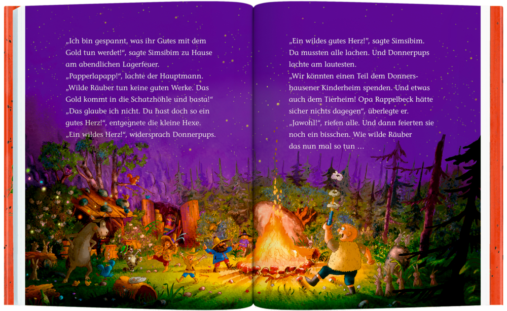 Offenes Buch mit Text, Kinder und Tiere versammeln sich nachts im Wald um ein glühendes Lagerfeuer und lesen gemeinsam Geschichten.