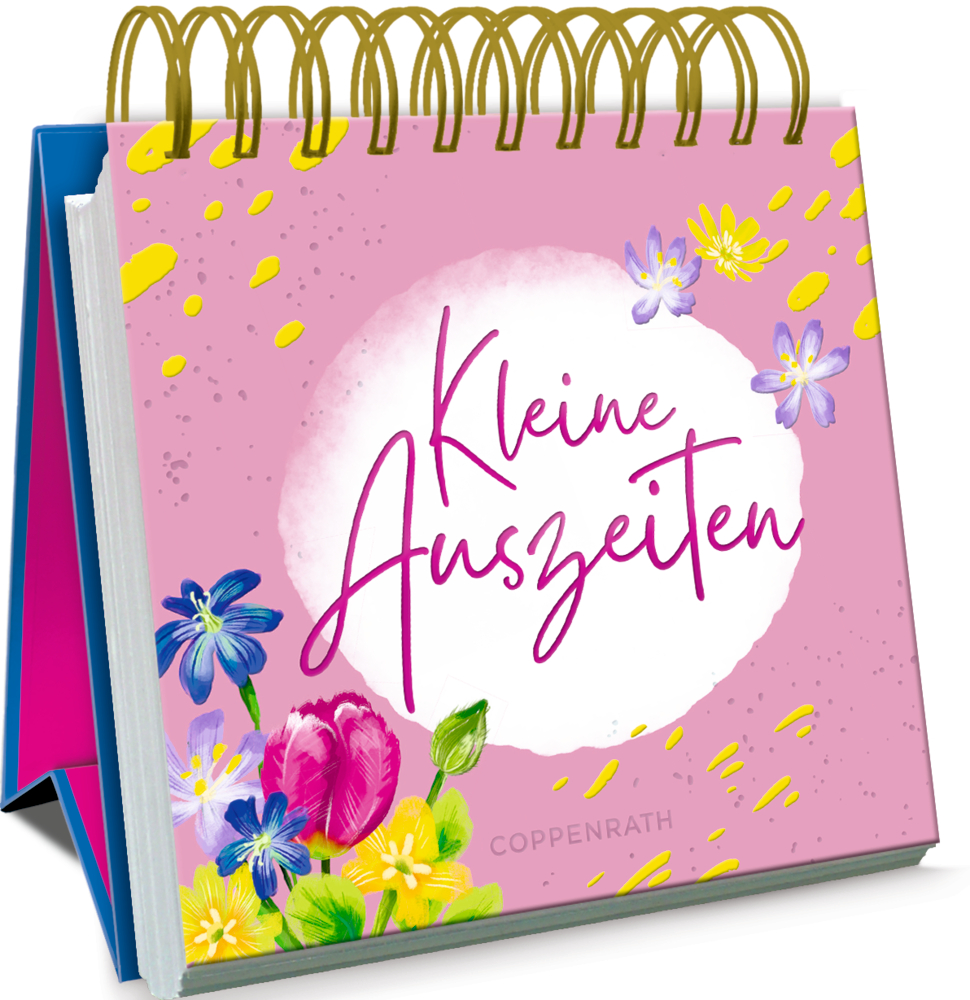Rosa Spiralaufsteller mit floralen Motiven und dem Titel „Kleine Auszeiten“ auf dem Cover.