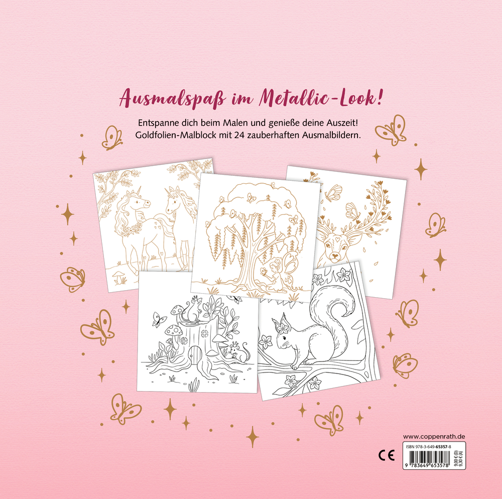Fünf Ausmalbilder mit goldenen Tiermotiven, darunter Pferde, Baum mit Tieren, Hirsch, Baumstamm und Eichhörnchen, auf rosa Hintergrund.