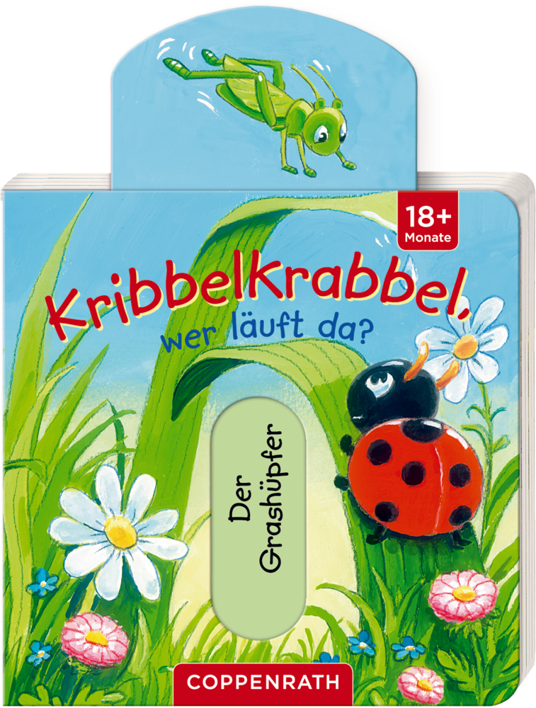 Das Buchcover mit Marienkfer an einem Grashalb ist mit einem herausgezogenen Schieber mit einer springenden Heuschrecke zu sehen.