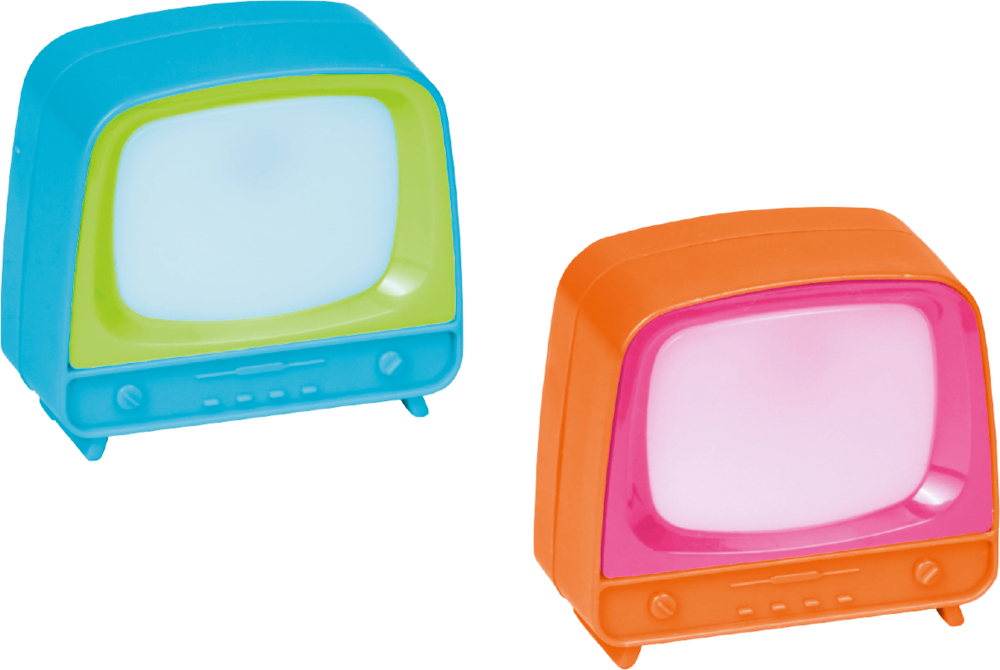 Zwei bunte Spielzeugfernseher – einer blau/grün, einer orange/pink – stehen auf einem weißen Hintergrund.