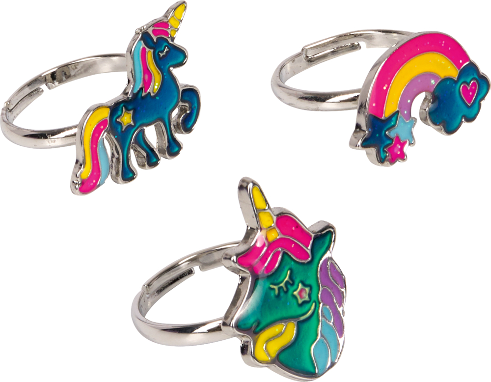 Drei silberfarbene Stimmungsringe mit bunten Motiven Einhorn, Einhorn Kopf und ein Regenbogen mit Sternen.